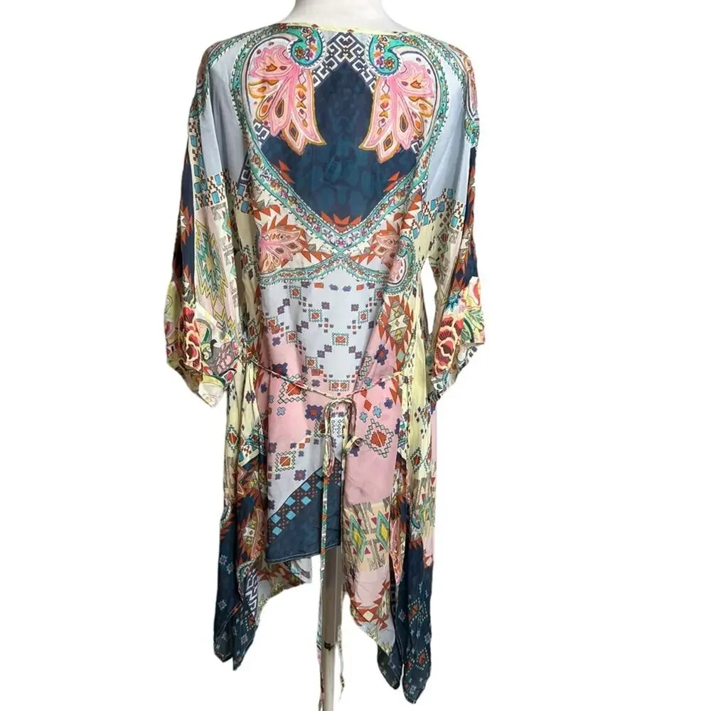 Johnny‎ was kaftan tunic top mixed print tie back asymmetrical Sz M